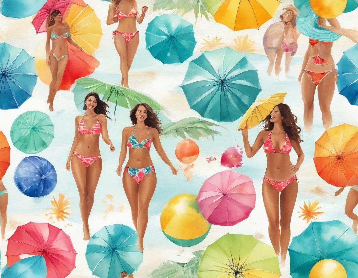 A vibrant beach scene showcasing a diverse group of women in stylish swimwear and beachwear, laughing and enjoying the sun. Include colorful umbrellas, beach balls, and sandy shores, with turquoise waves lapping at their feet. Emphasize the fashion trends, showcasing a variety of patterns and accessories. Bright, sunny atmosphere to evoke a sense of summer joy. watercolor illustration. vibrant colors. sunny background.