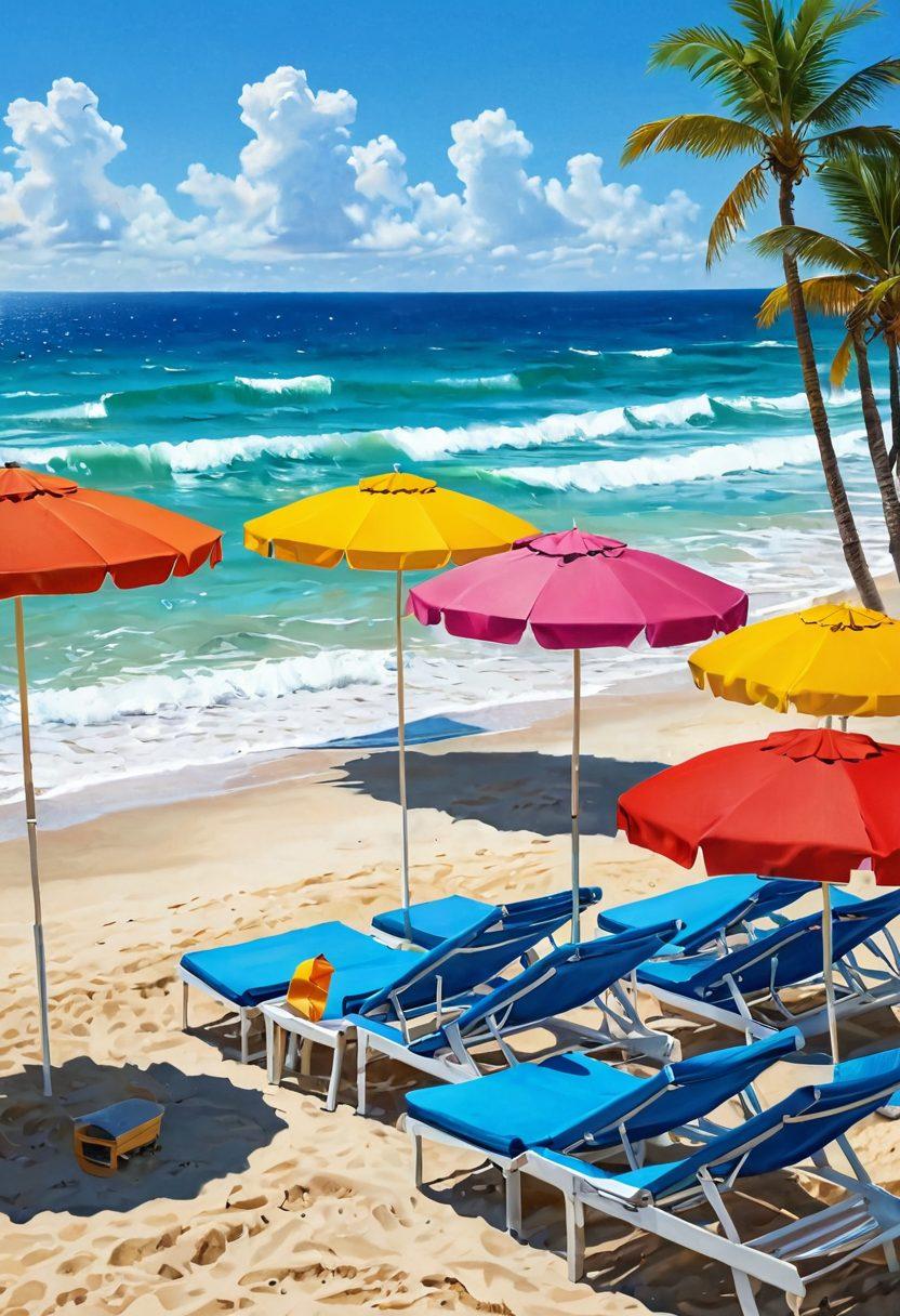 A lively scene depicting a sun-drenched beach with colorful lounge chairs and umbrellas. Showcase diverse beachwear styles, including bikinis, swimsuits, and cover-ups, on fun-loving friends enjoying pool parties and sandy shores. Add vibrant beach accessories like hats, sunglasses, and flip-flops, while capturing the gentle waves and clear blue skies in the background. The overall mood should be joyful and summery. vibrant colors. super-realistic.